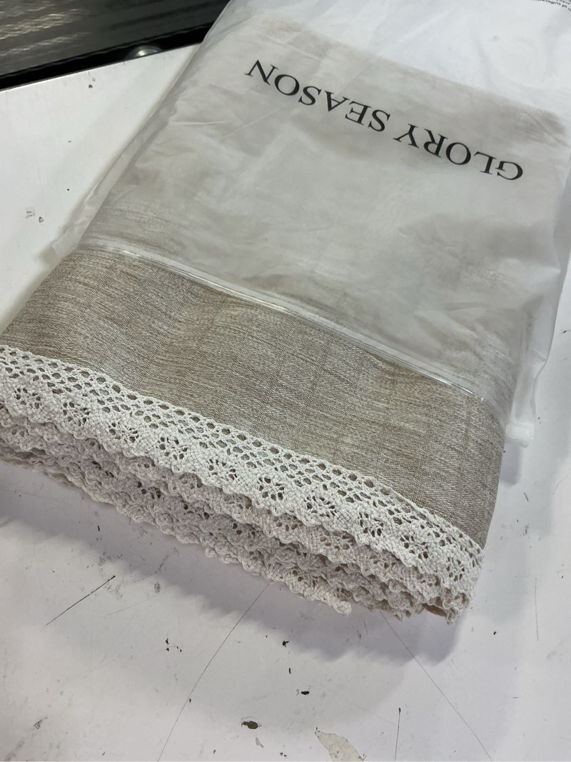 Condition photo showing Good Condition for glory season lace trim tablecloth linen-look textured rustic burlap stlye machine washable solid heavy weight rectangle/oblong table cloth cover for kitchen dinning tabletop decoration 55x86 in beige 86" x 55" (rectangular) beige
