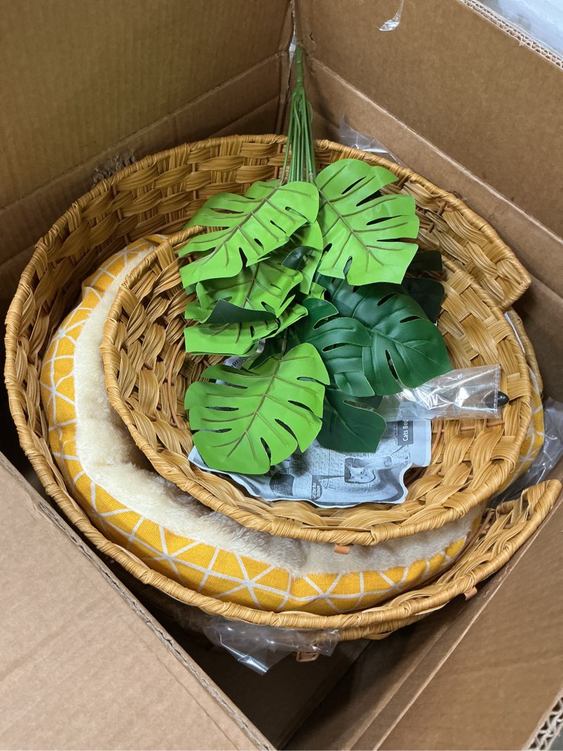Condition photo showing New/Like New for Sugitek Cat Hidden Litter Box Enclosure Furniture with Cats Bed,Artificial Plants,Handwoven Rattan with Cat Litter Box and Real Stones,in Living Room, Bedroom, Corner?Natural?