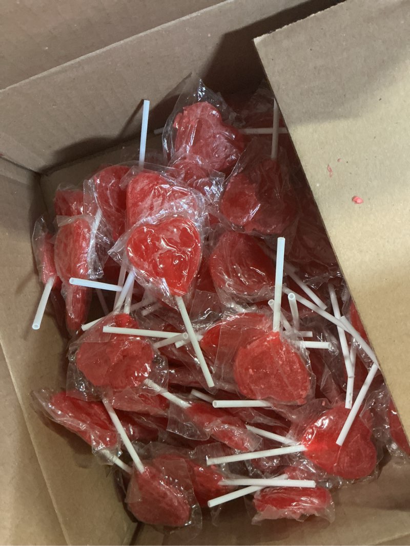 Condition photo showing New/Like New for (bb:2027-06-08)fruidles red double heart lollipops, 5 pounds (bulk) double heart shaped flavored, individually wrapped 18 gram lollipop red double heart 5 pounds (bulk)