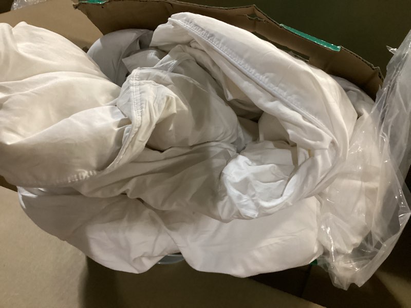 Condition photo showing As Is for Three Geese Queen Size Goose Feather Down Fiber Comforter - Ultral Soft All-Season Down Duvet Insert Fluffy Baffle Box Design with 8 Corner Loops for Warmth and Softness. Queen White
