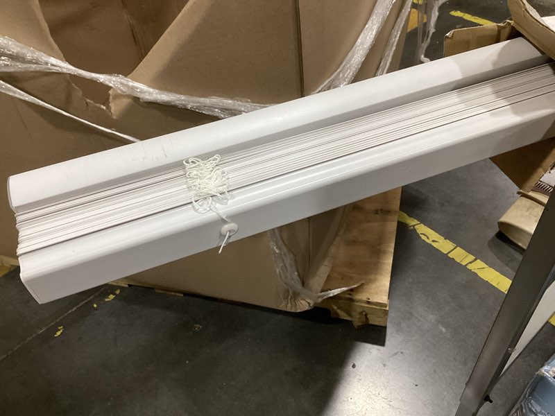 Condition photo showing As Is for project source light filtering 1-in slat width 45-in x 64-in cordless white vinyl light filtering mini-blinds