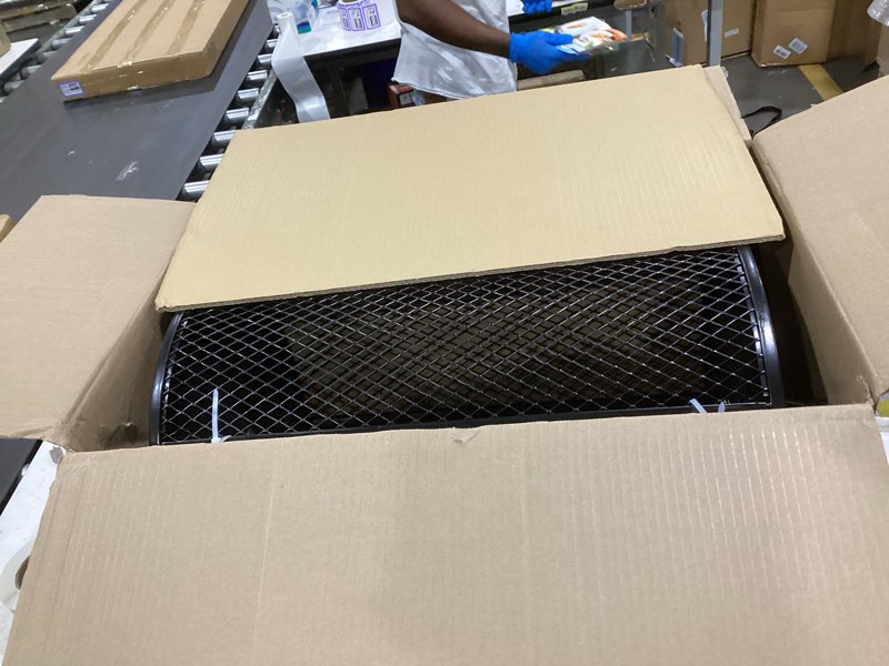 Condition photo showing New/Like New for compost spreader, 24" peat moss spreader, roller lawn spreader with 3 heights t shaped handle, side latches powder coated steel mesh basket, lawn & garden spreader for spreading manure topsoil black
