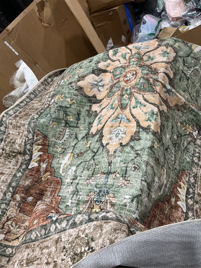 Condition photo showing Good Condition for releany area rugs 5'x7' washable non-slip, floral vintage distress medallion carpet for living room bedroom dining room, terracotta burnt orange green