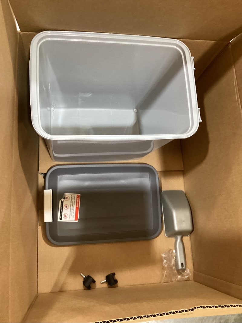 Condition photo showing As Is for iris usa airtight pet food storage container with wheels, black, 30 lb capacity - bpa-free clear plastic bin with snap-lid seal to keep kibble, pellets or seeds fresh for dogs, cats and birds