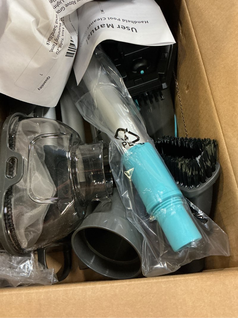 Condition photo showing Good Condition for handheld pool vacuum for above ground pool, cleans hot tubs,20 gallons/min powerful suction & lightweight,90 mins running time, comes with storage bag, ideal for cleaning debris and sand,slive