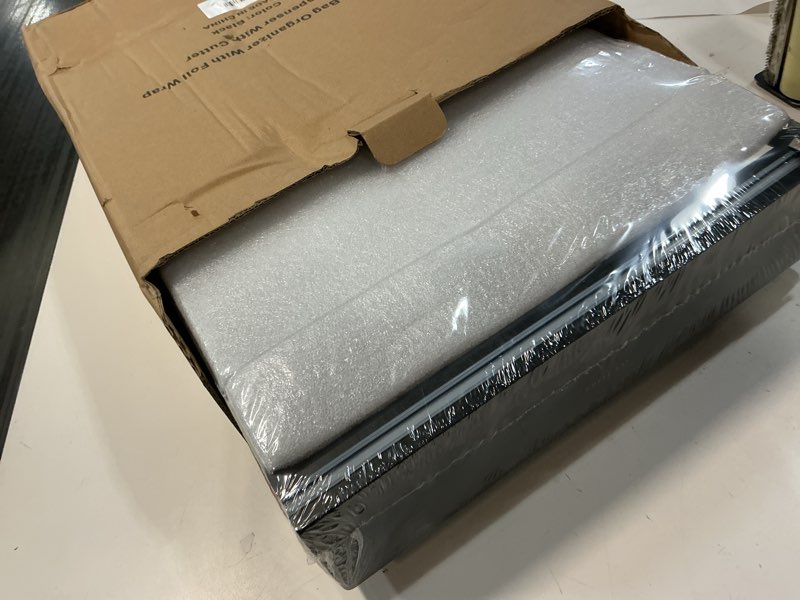 Condition photo showing New/Like New for cozee bay bamboo food bag organizer with foil and plastic wrap organizer, kitchen drawer organizer, wrap dispenser with cutter, for gallon, quart, sandwich, snack bags and 12" roll (black)