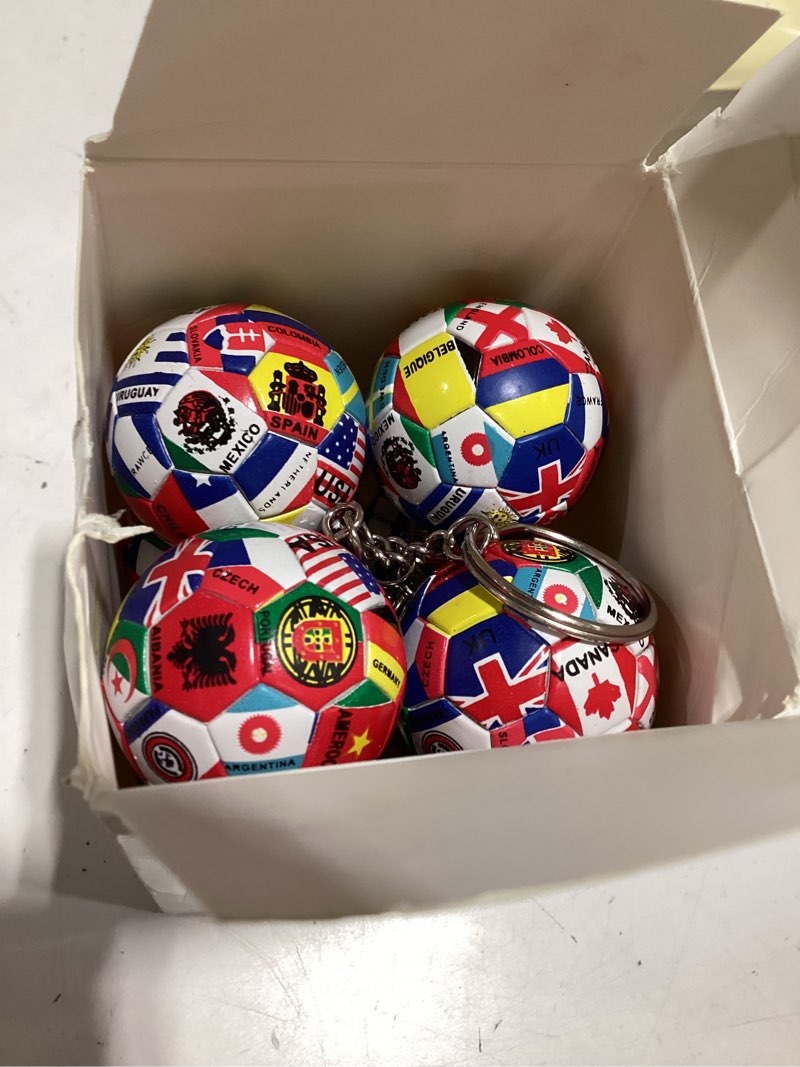 Condition photo showing As Is for kenning 12 pcs national flags soccer keychain mini soccer keychain pvc football key ring for fan gift, football cup souvenir party favors decorations