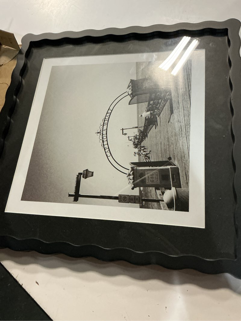 Condition photo showing Good Condition for 12x12 picture frame with mat for 10x10, wavy edge wooden real glass photo frame for wall hanging, black, 1 pack black 12x12 in