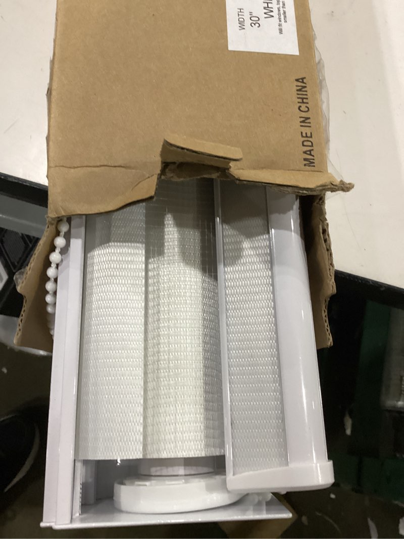 Condition photo showing As Is for zebra roller shades, dual layer roll up blind for living room, semi sheer shades window privacy light control for day and night, (maximum height 72inch, white color, width 30 inch) 30"w x 72"h white