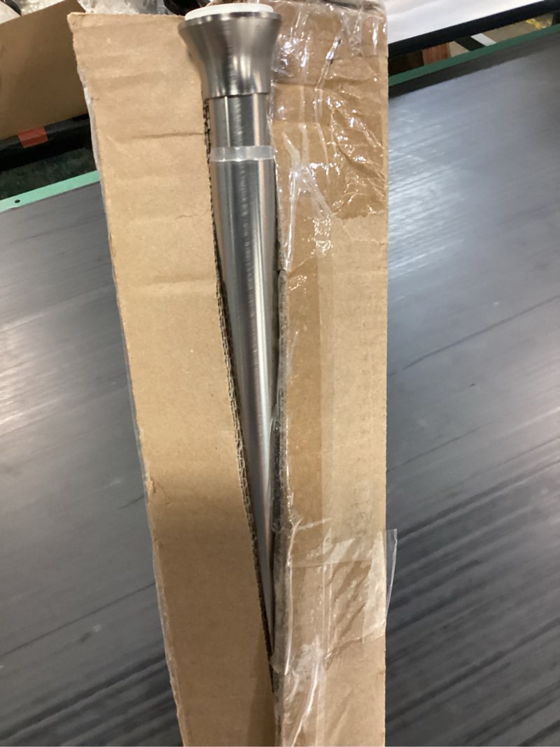 Condition photo showing As Is for amazon basics no drill spring tension curtain rod, adjustable extra long 78-108" width, nickel, classic finial nickel 78-108" indoor