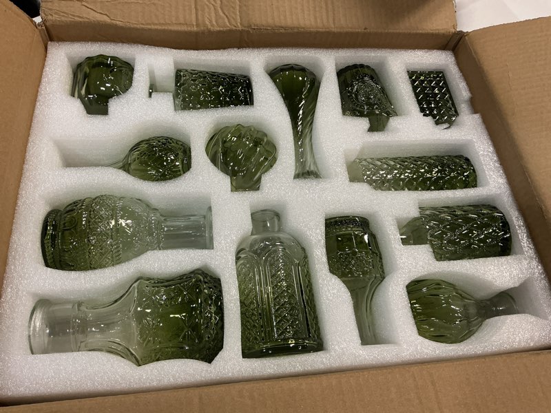 Condition photo showing Good Condition for clear gradient green glass bud vase set of 14 pcs,small bud vases in bulk,glass crystal flower vases table centerpieces for party event wedding decor baby shower decorations (gradient green, 14 pcs) gradient green 14 pcs