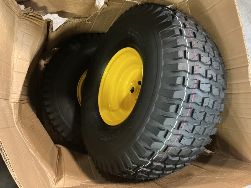Condition photo showing New/Like New for (2-pack) 20x8.00-8 rear tire and wheel assemblies - 4 ply tubeless tire compatible replacement for riding lawn mowers - 3/4" borehole, 3.5" offset hub and 3/16" keyway 20 x 8.00-8" tubeless (offset hub) yellow