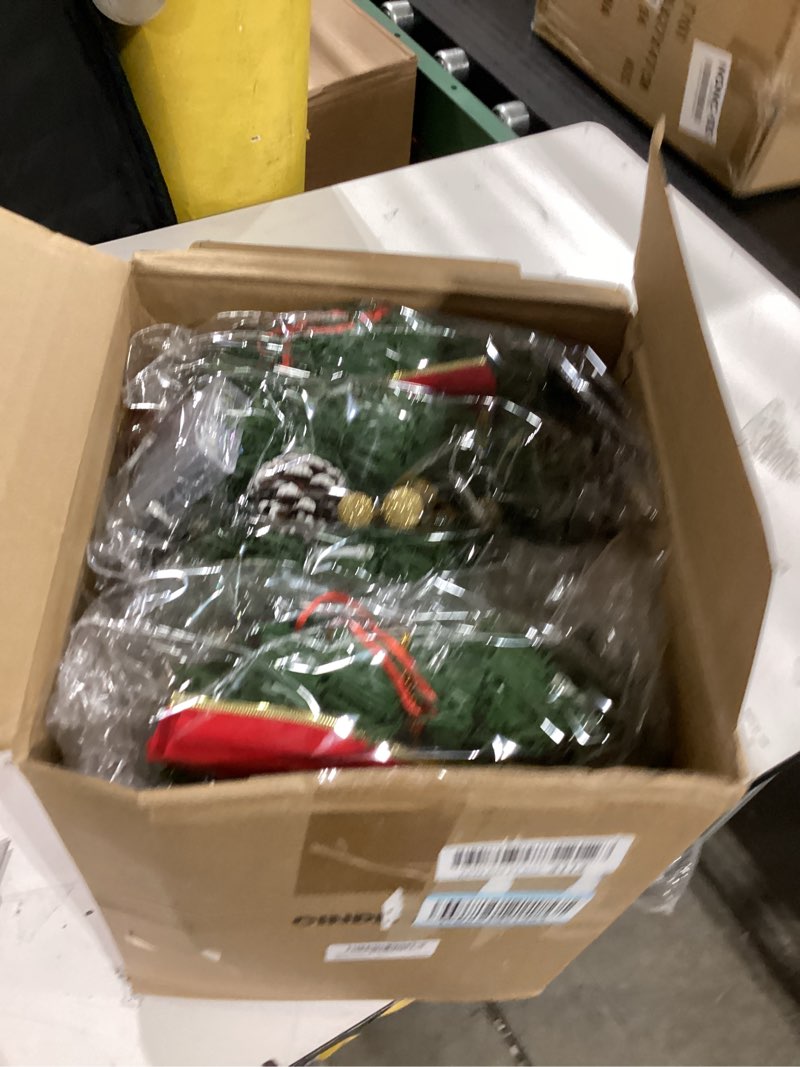 Condition photo showing As Is for 4 Pcs Lighted Christmas Wreaths, 12 Inch Pre Lit Small Xmas Wreath with Large Bow, Pine Needle Wreath with LED Lights Battery Operated Xmas Ornaments for Front Door Wall Christmas Party Decor(Red)