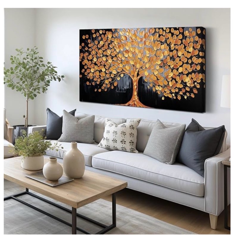 HUBOSKN Tree Painting Wall Decor for Bedroom - Abstract Hand Painted Wall Art for Living Room - Blac