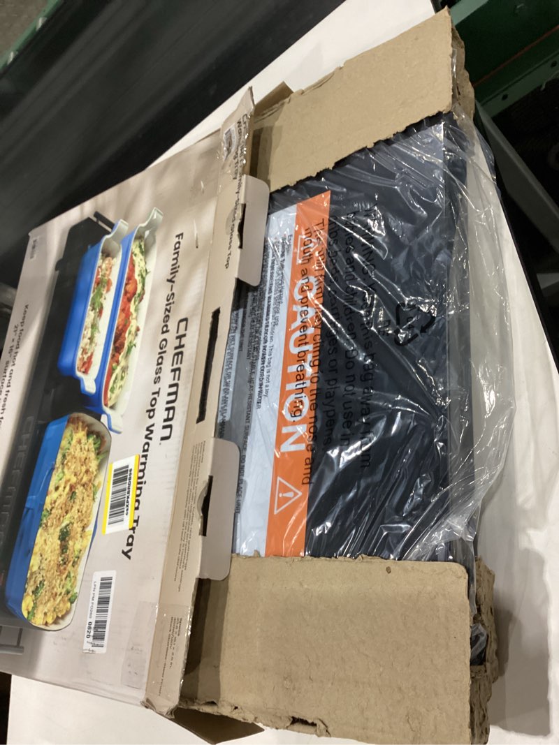 Condition photo showing New/Like New for Chefman Electric Warming Tray with Adjustable Temperature Control, Perfect For Buffets, Restaurants, Parties, Events, and Home Dinners, Large 21” x 16” Glass-Top Surface Keeps Food Hot – Black Stainless Black Large - 21" x 16"