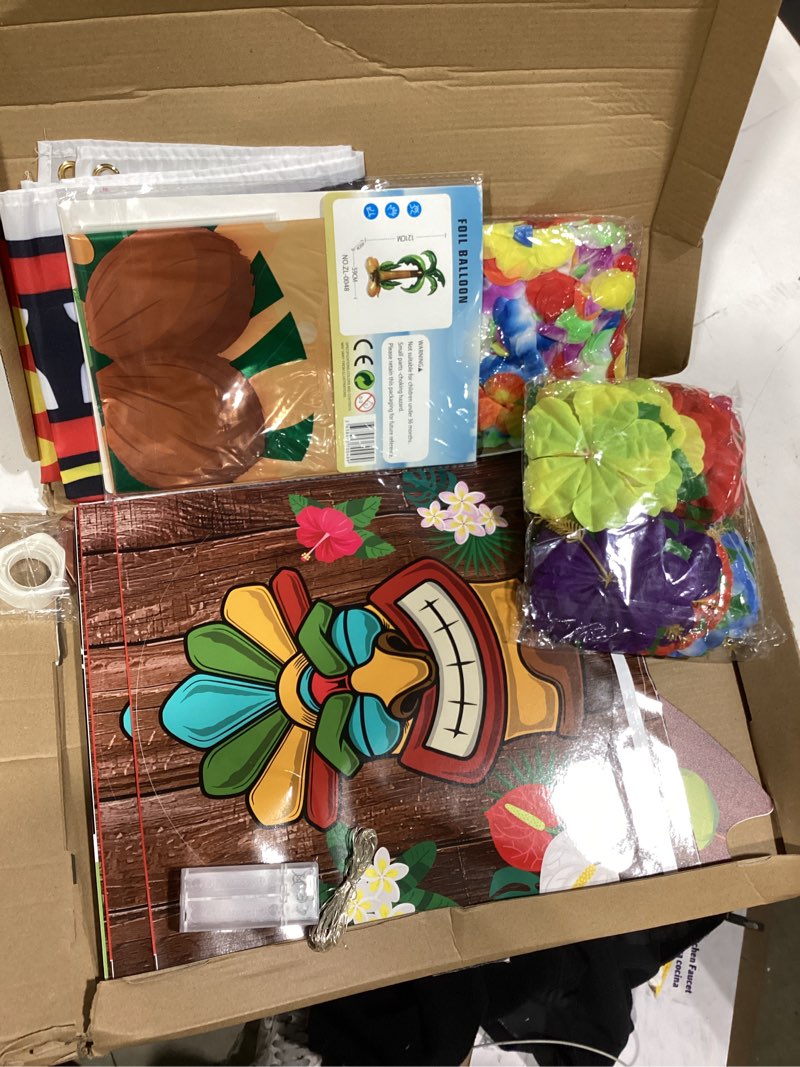 Condition photo showing Good Condition for 56 pcs summer luau tropical golf cart parade decorations, summer tropical golf cart decor with tiki fabric backdrop, hawaiian surfboard wall hanging, hawaiian wreath, 9.8ft