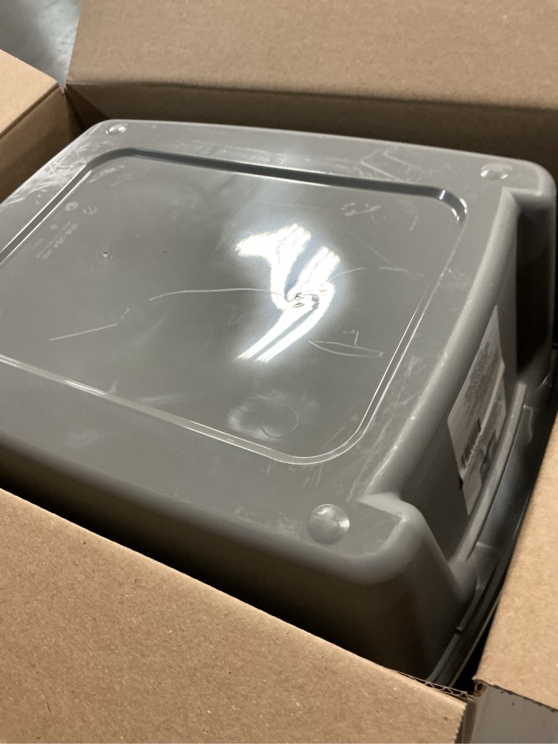 Condition photo showing As Is for amazon basics large cat litter box with high sides, open top for easy access, includes scoop with storage, 19" x 15" x 11.75", grey/beige grey/beige open top