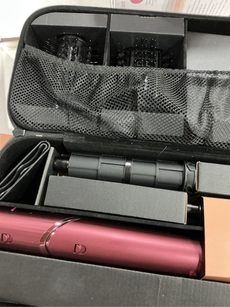 Condition photo showing As Is for shark flexstyle air styling & drying system, powerful hair dryer brush & multi-styler with auto-wrap curlers, diffuser, paddle brush, round brush, concentrator attachment, black cherry, hd457cr black cherry limited edition