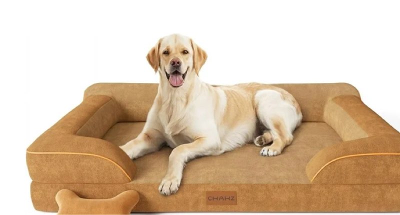 jumbo orthopedic dog bed for extra large dogs with cooling gel memory foam, waterproof removable washable cover, 45" sofa couch dutch velvet with bone toy,brown