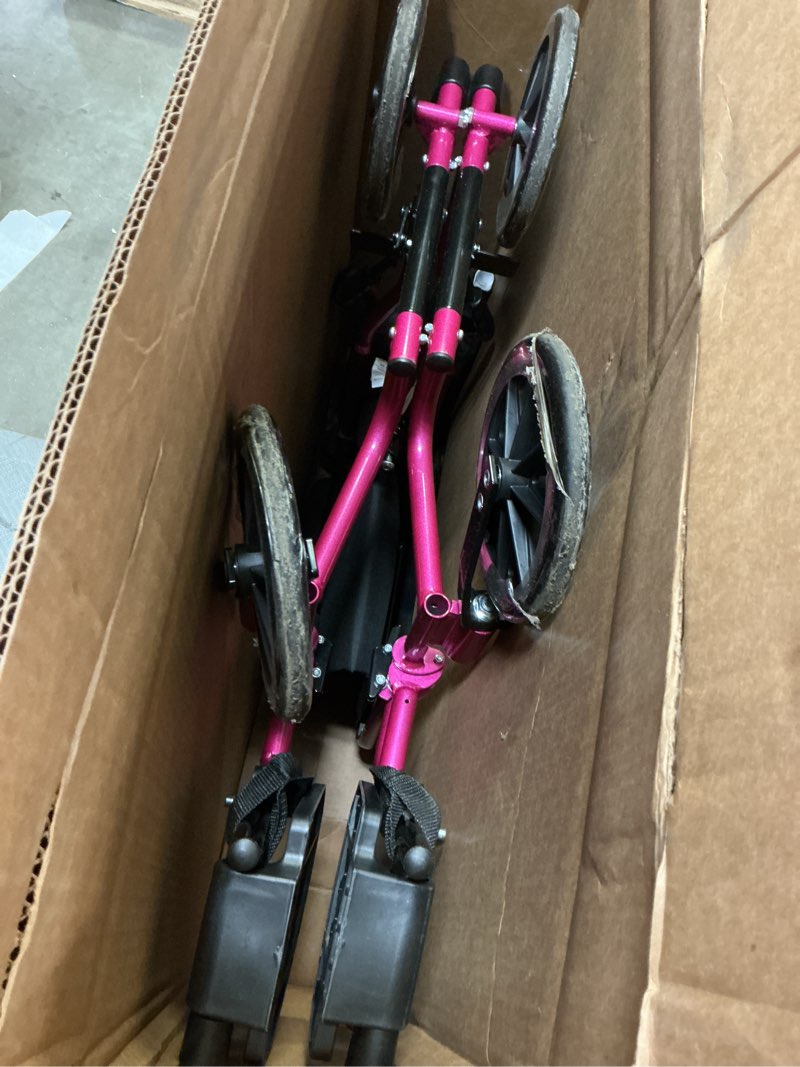 Condition photo showing As Is for probasics transport wheelchair lightweight foldable with 19 inch seat - folding transport chair with foot rests, foldable wheel chair and lightweight folding wheelchair, pink