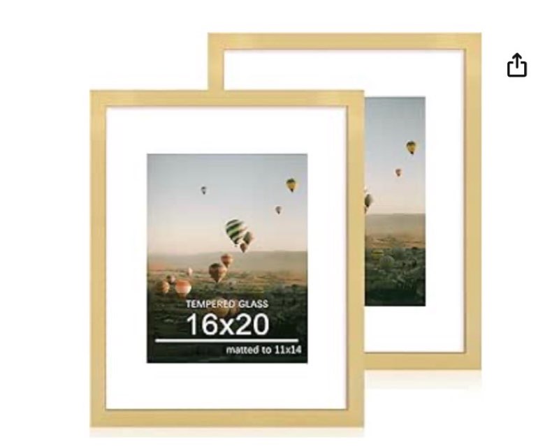 16x20 Poster Frame Set of 2, 16 x 20 Wood Picture Frames with Mat for 11x14, Wooden Photo Frame with Tempered Glass Cover for Wall Mounting Display, Gold