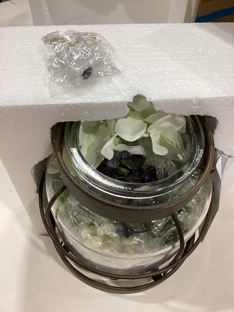 Condition photo showing Good Condition for farmhouse glass lantern vase vintage flower vases with plants hydrangea lights rustic floral arrangement centerpieces home decor hostess housewarming gift vase+greenery+light+hydrangea