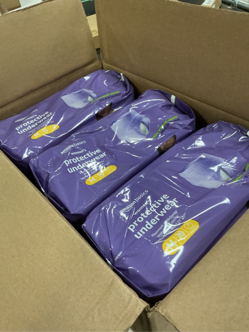 Condition photo showing New/Like New for Amazon Basics Incontinence Underwear for Women, Protective, Disposable, Postpartum, Maximum Absorbency, Medium, Lavender, 60 Count (3 Packs of 20) Medium 60.0