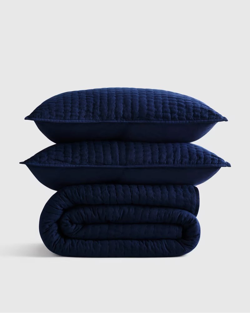 quince king european linen cotton stitch quilt set 3 pieces navy