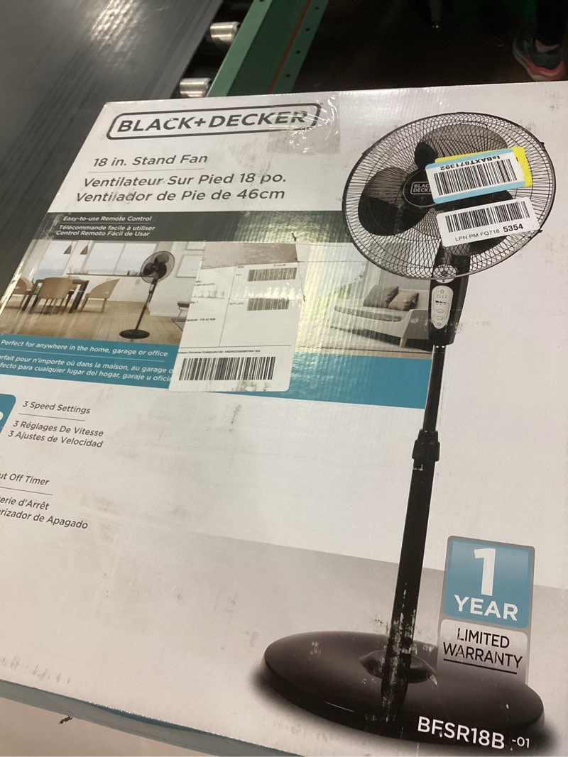 Condition photo showing New/Like New for black+decker 18-inch stand fan with pedestal base, height adjustable pedestal fan with remote and touch control panel, free standing fan with 90-degree oscillating and 3-speed settings, black black 18"