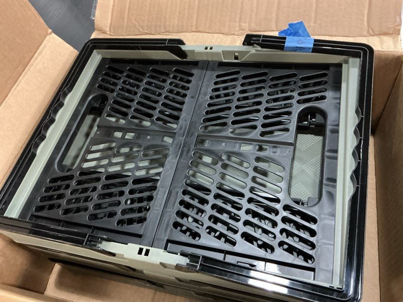 Condition photo showing As Is for Amazon Basics Collapsible Plastic Grocery Shopping Baskets with Handles, 3 Pack, 6.6 gallon, Green