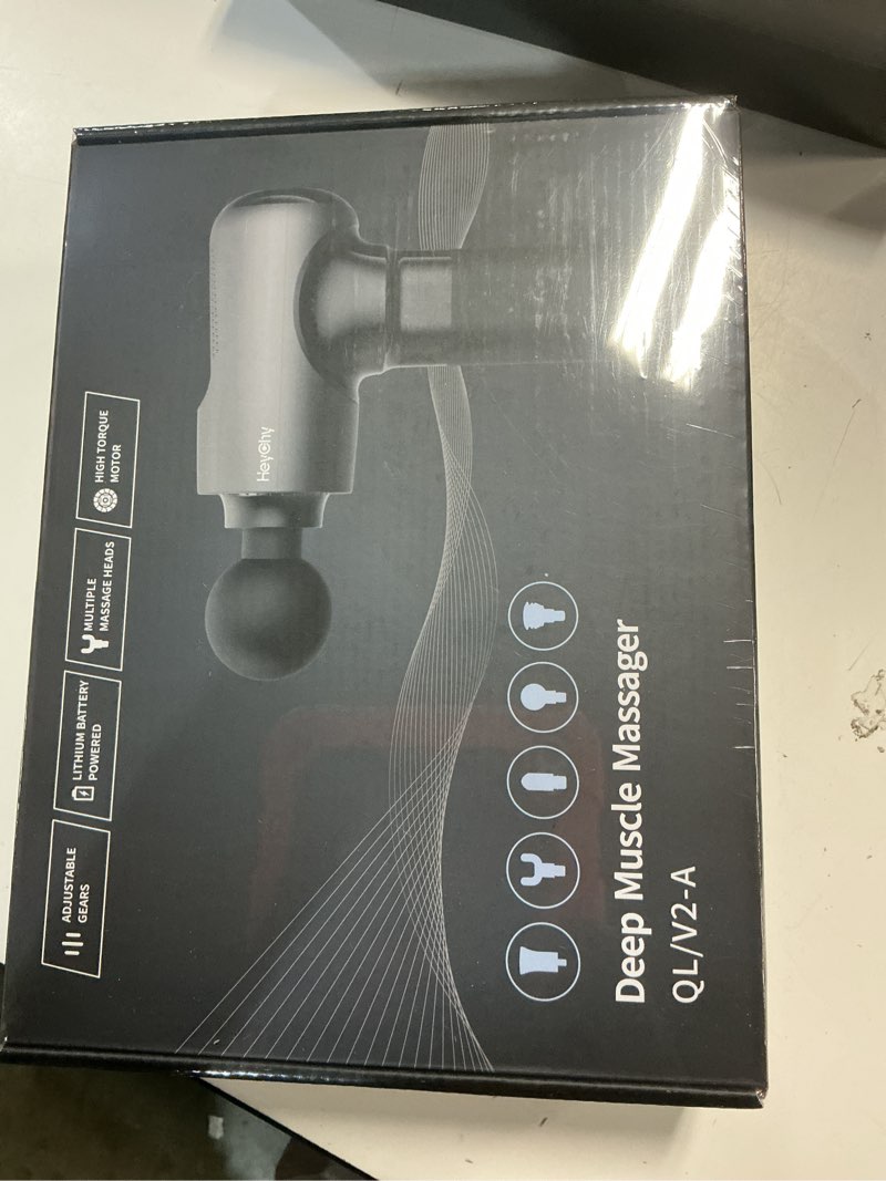 Condition photo showing New/Like New for massage gun deep tissue with heat head, handheld muscle back massager with carry case, portable percussion massager gun with 6 replacements for athletes pain relief