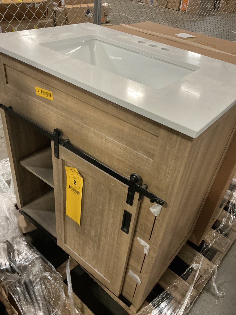 Condition photo showing As Is for customer reviews for glacier bay brindley 30 in. single sink freestanding aged oak bath vanity with white engineered 