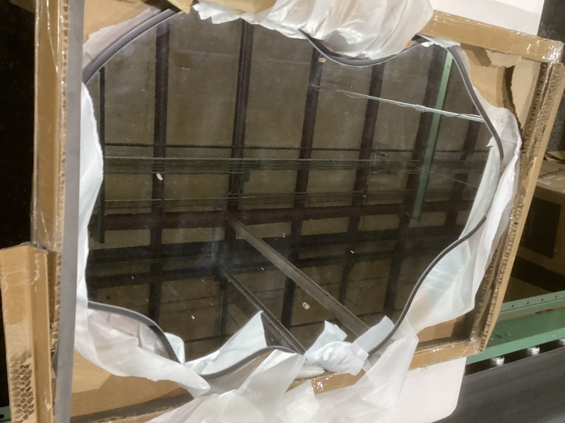 Condition photo showing As Is for culer irregular black bathroom wall mirror,22 x 30 inch asymmetrical vanity modern tempered glass mirror for bedroom,living room,entryway 30\\\"l x 22\\\"w black, chipped