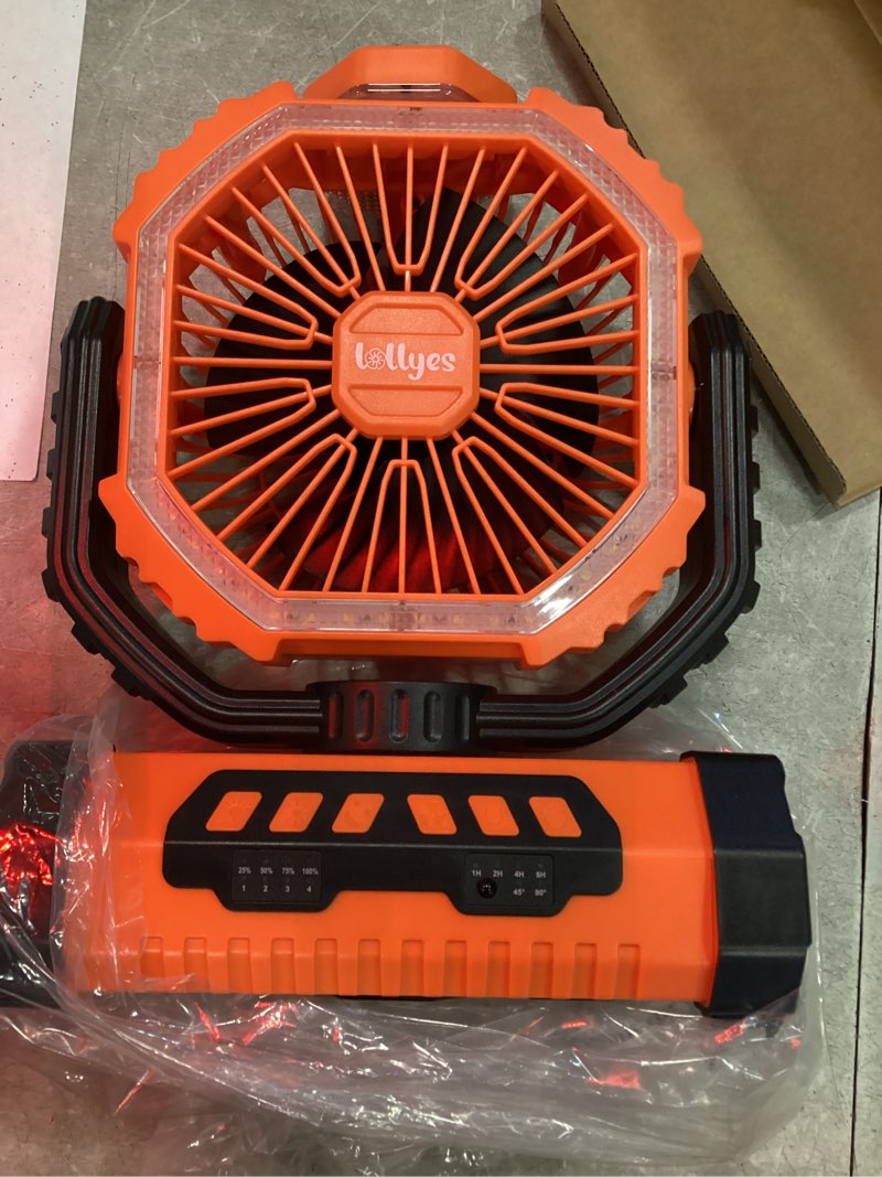 Condition photo showing As Is for portable fan, ai outdoor rechargeable camping fan with light, 20000mah battery powered, 360° rotating hook, 4 speeds for indoor, traveling, tenting, rving, fishing, beach (orange)