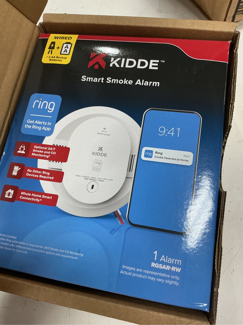 Condition photo showing New/Like New for kidde smart smoke detector, ring app enabled for real-time notifications, hardwired alarm, aa backup battery hardwired smoke detector