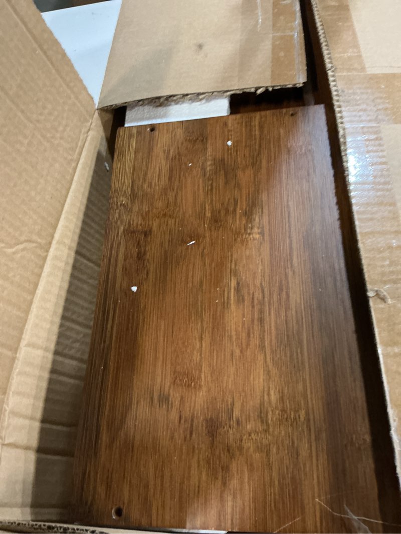 Condition photo showing As Is for hollyhome small bamboo kitchen pantry sideboard with 2 sliding striped glass doors, freestanding countertop storage cabinet for bottles, dish, bowl, console dining cupboard, walnut walnut ?l)23.62"
