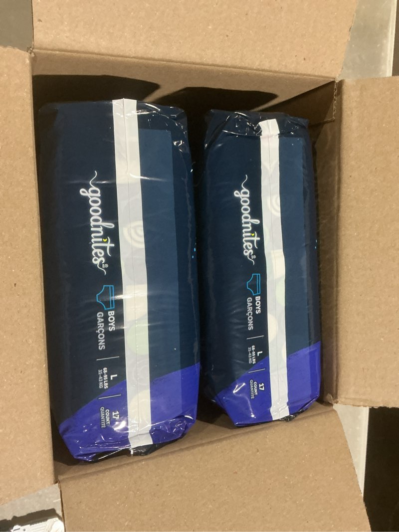 Condition photo showing New/Like New for goodnites boys' nighttime bedwetting underwear, size large (68-95 lbs), 34 ct (2 packs of 17), packaging may vary large 34