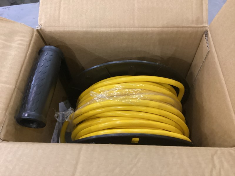 Condition photo showing As Is for DEWENWILS Retractable Extension Cord Reel, 80FT Heavy Duty Open Cord Reel for Indoor Outdoor, 14/3 AWG SJTW, 4 Grounded Outlets, 13 Amp Circuit Breaker,Handle Rewind, Metal Stand, ETL Listed Yellow