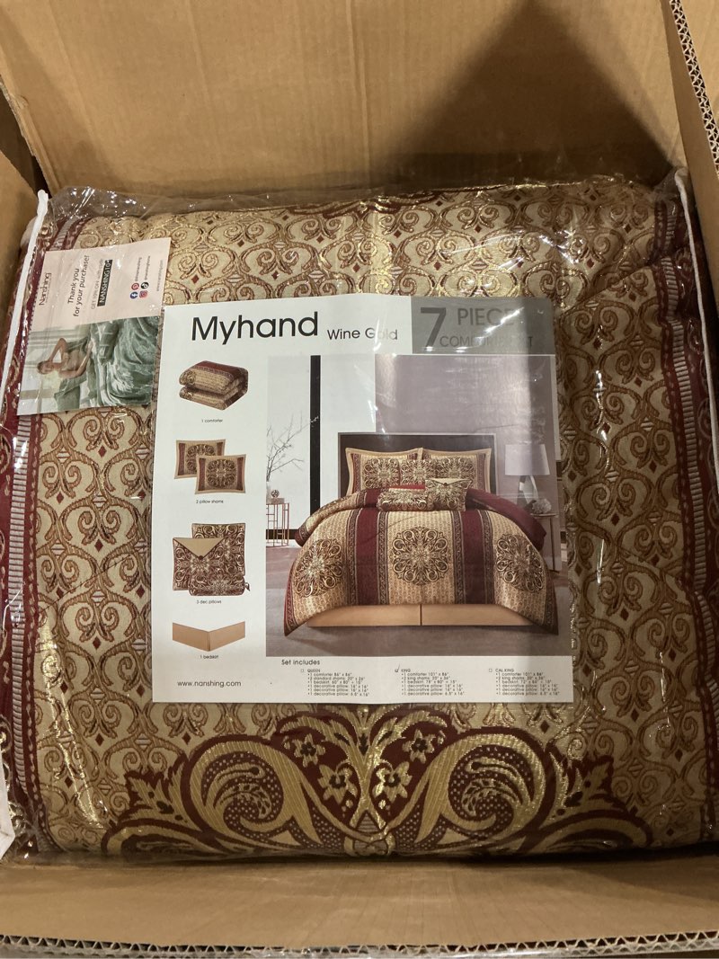 Condition photo showing New/Like New for Grand Avenue Wine Gold Jacquard Comforter Set,Size Queen, 7 Piece, Burgundy Home Decor, Premium Lightweight Microfiber, Matching Bedskirt, Decorative Pillows & Shams, All Season Luxurious Bedding Set