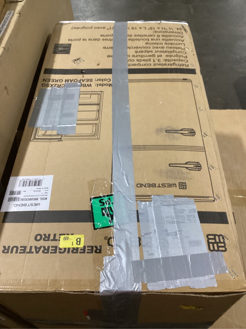 Condition photo showing Good Condition for West Bend Mini Fridge with Freezer for Bedroom, Office, Bar or Dorm Room, Retro Compact Refrigerator features Glass Shelves, Manual Defrost and Adjustable Temperature Control, 3.1-Cu.Ft., Green FRIDGE WITH FREEZER Seafoam Green