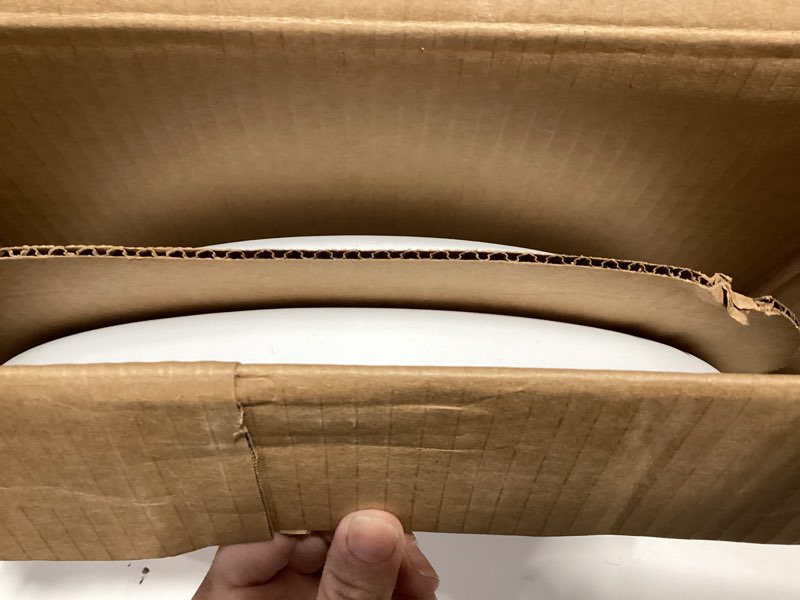 Condition photo showing New/Like New for mayfair padded toilet seat with chrome hinges, soft vinyl over wood core seat, made in usa, round, white elongated seat