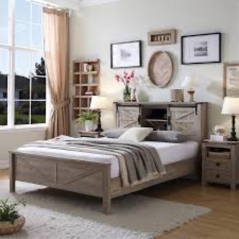 (Incomplete)Farmhouse Queen Platform Bed with Storage and Headboard, Wood Platform Bed Frame with Charging Station and Drawers, No Box Spring Needed