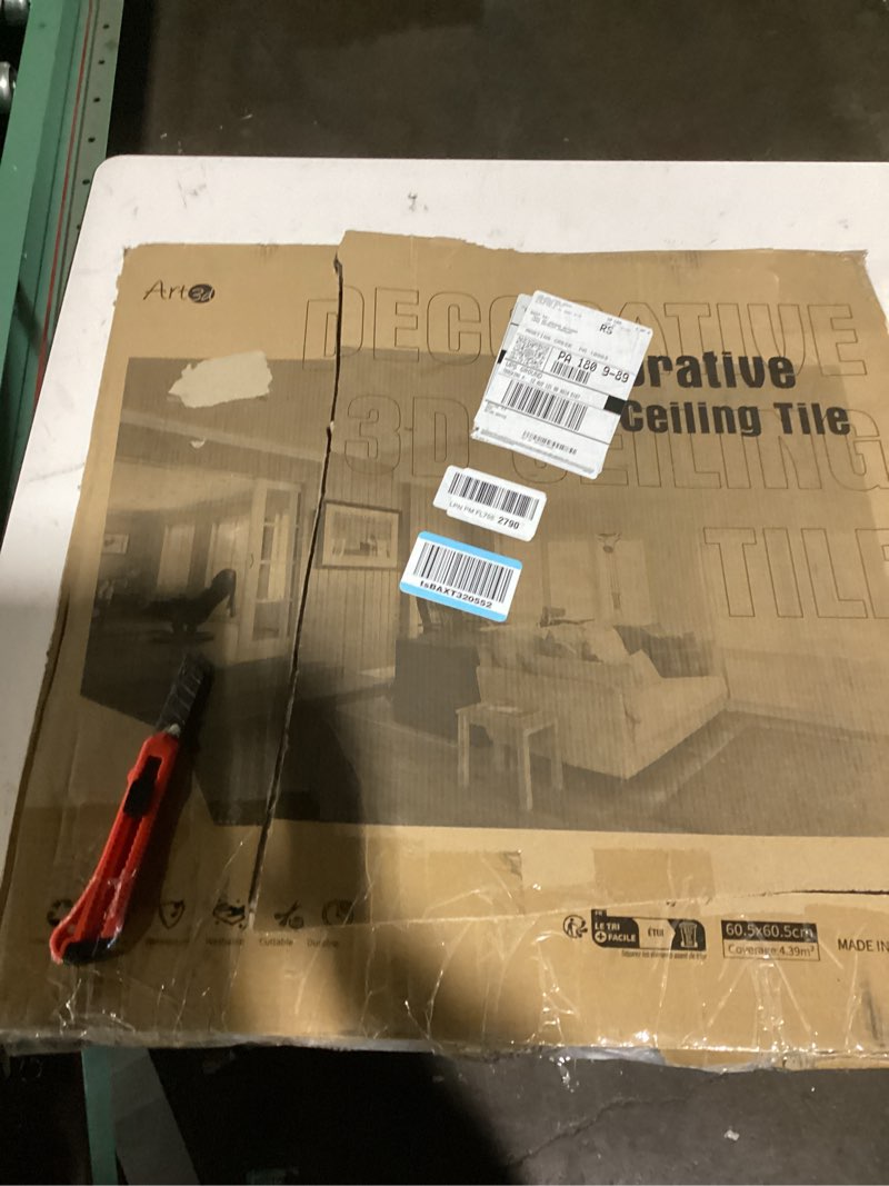 Condition photo showing Good Condition for (similar to) art3d drop ceiling tiles 24x24 inch (12-pack, 48 sq.ft) – glue up pvc ceiling tiles 2x2 ft., decorative ceiling panels for kitchen, living room, office and home, white snow white