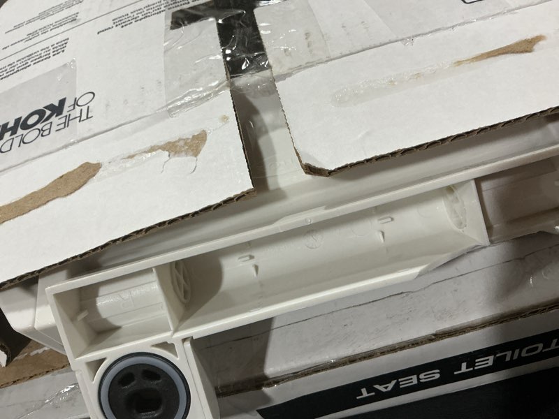 Condition photo showing As Is for KOHLER 4636-RL-0 Cachet ReadyLatch Elongated Toilet Seat Slow Close, Soft Close Toilet Seat Quiet Lid, Contoured Grip-Tight Bumpers Installation Hardware, Apartment Essentials, White White Elongated Ready Latch