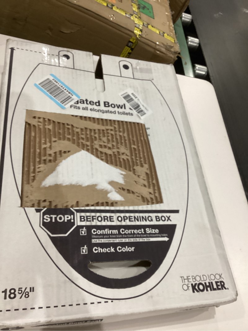 Condition photo showing As Is for KOHLER 4636-RL-0 Cachet ReadyLatch Elongated Toilet Seat Slow Close, Soft Close Toilet Seat Quiet Lid, Contoured Grip-Tight Bumpers Installation Hardware, Apartment Essentials, White White Elongated Ready Latch