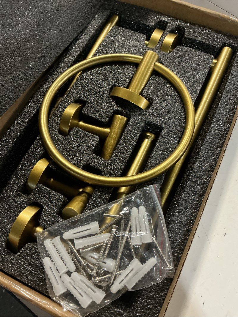 Condition photo showing Good Condition for turs brushed gold 5 piece bathroom hardware set, sus304 stainless steel 24 inch bath towel bar set, round bathroom accessories kit wall mounted set d brusehd dark gold