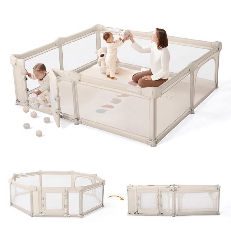 sweeby foldable baby playpen, 79x71 inch baby gate playpens for babies and toddlers extra large play yard with door child fence and indoor play pen, beige