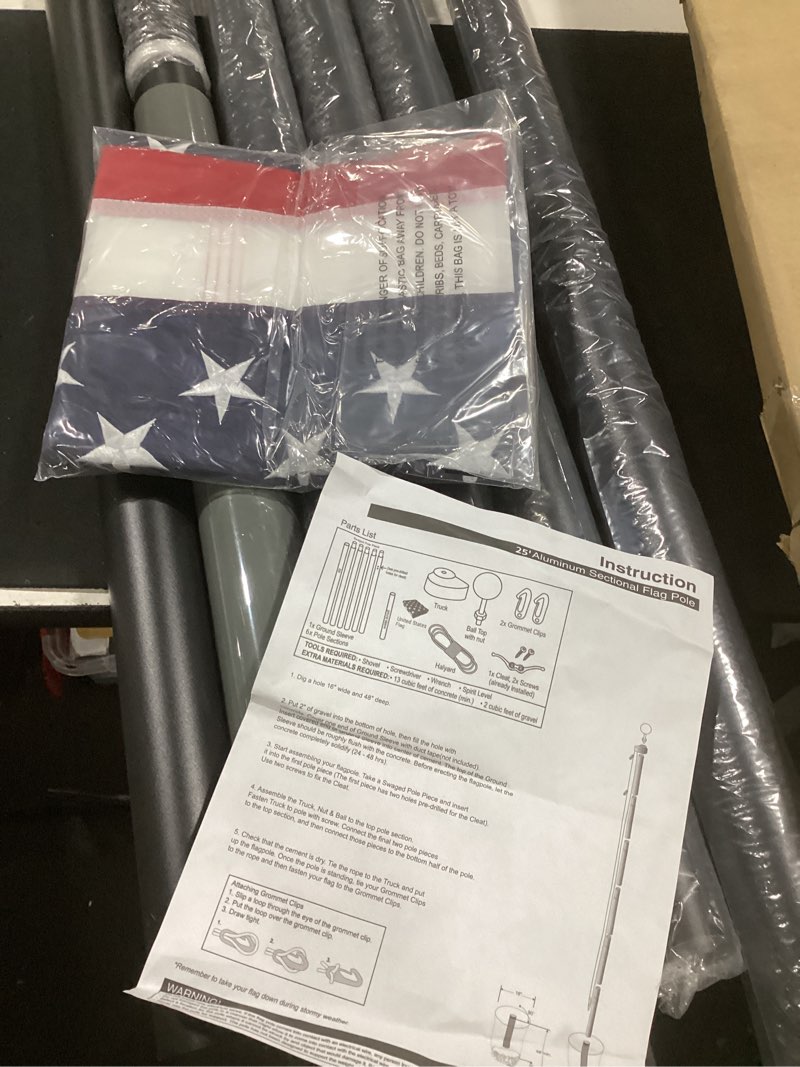 Condition photo showing As Is for (similar -incomplete) 25ft sectional flag pole kit, extra thick heavy duty aluminum flagpoles for outside house inground with 3'*5' american flag and black ball topper for residential or commercial use, black 25ft black