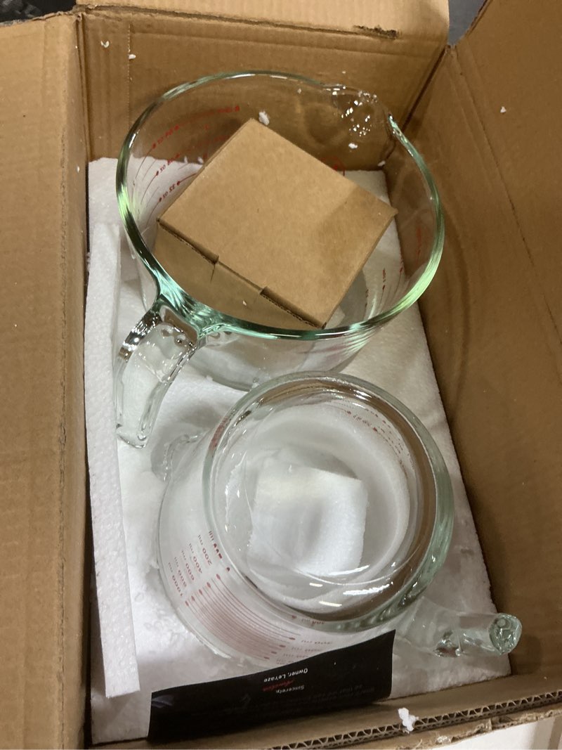 Condition photo showing As Is for (missing one piece)  set of 4 glass measuring cups - kitchen mixing bowl liquid measure cup, glass tupperware bakeware. 1 cup, 2 cup, 4 cup, 8 cup.