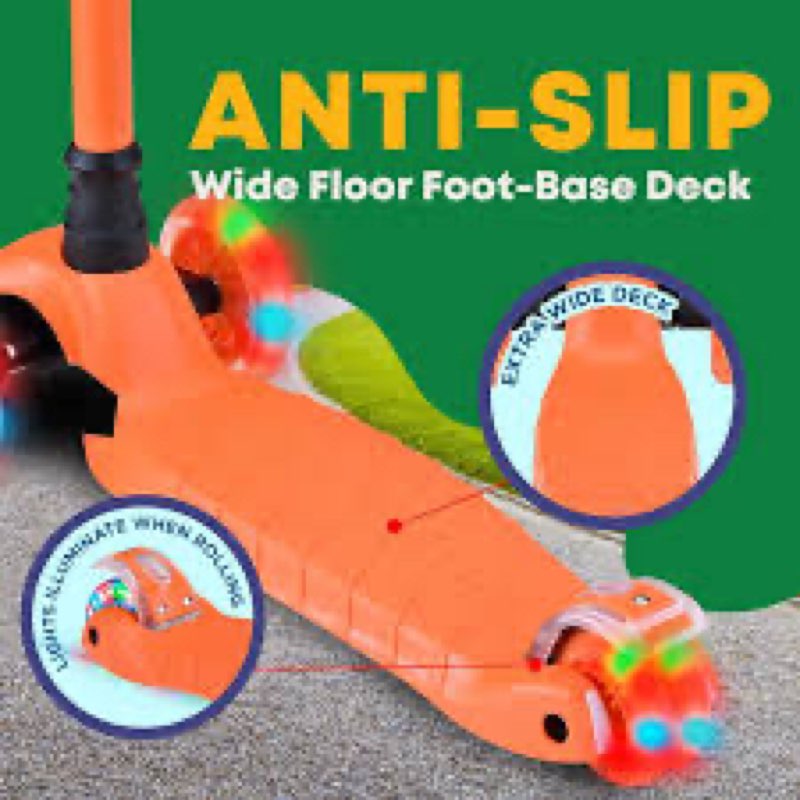 Lifemaster Mini 3-Wheel Kids Scooter with Multi-Color Wheel Lights – 4-Height Adjustable Handlebar, Wide Anti-Slip Deck, Child Safety Certified, Boys & Girls Ages 2+ Supports Up to 110 lbs, Orange